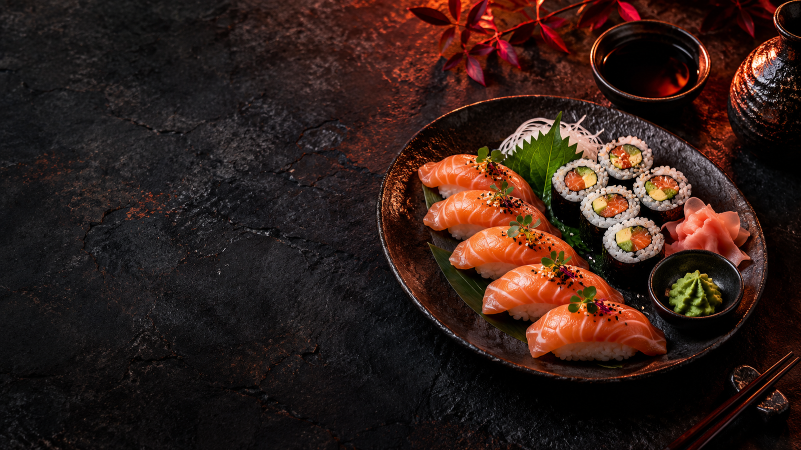 Sushi served on dark stone